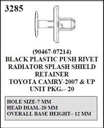 W-E 3285 Black Plastic Push Rivet, Radiator Splash Guard Retainer, Toyota Camry