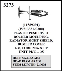 W-E 3273 Plastic Push Rivet, Rocker Moulding, Radiator Sight Shield, Bumper Cover, GM & Ford