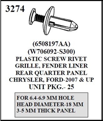 W-E 3274 Plastic Screw Rivet Grille, Fender Liner, Rear Quarter Panel Chrysler & Ford