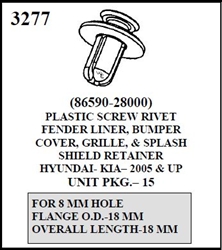 W-E 3277 Plastic Screw Rivet, Fender Liner, Bumper Cover, Grille and Splash Guard Retainer Hyundai & Kia