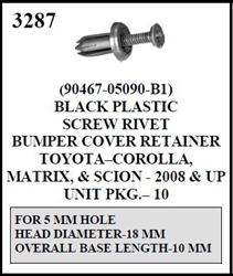 W-E 3287 Black Plastic Screw Rivet, Bumper Cover Retainer, Toyota Corolla, Matrix, & Scion