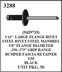 W-E 3288 Black 3/16" Large Flange Rivet, Steel Rivet/Steel Mandrel, 5/8" Flange Diameter, .250-.375" Grip Range, Bumper Fascia Retainer, GM,