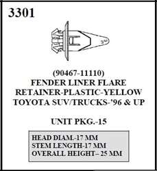 W&E 3301 Fender Liner Flare Retainer, Plastic Yellow, Toyota SUV/Trucks
