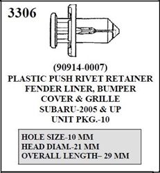 W-E 3306 Plastic Push Rivet Retainer, Fender Liner, Bumper Cover & Grille, Subaru