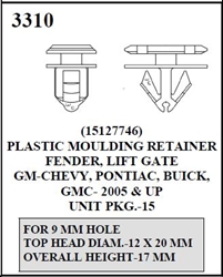W-E 3310 Plastic Moulding Retainer, Fender, Lift Gate, GM, Chevrolet, Pontiac, Buick, & GMC