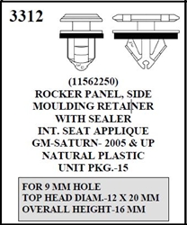 W-E 3312 Natural Plastic, Rocker Panel, Side Moulding Retainer, With Sealer, INT, Seat Applique, Saturn