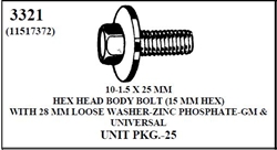 W-E 3321 Hex Head Body Bolt With 28mm Loose Washer (15mm Hex), Pilot Point, Zinc & Phosphate, GM & Universal, 25/Box
