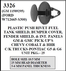 W-E 3326 Plastic Push Rivet-Fuel Tank Shield, Bumper Cover, Fender Shield & INT. Panels, GM & GMC Pick-ups, Chevy Cobalt & HHR, C/K Trucks, Pontiac G5 & G6