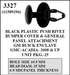 W-E 3327 Black Plastic Push Rivet, Bumper Cover & General Panel Attachment, Buick Enclave, GMC Acadia