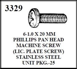W-E 3329 Phillips Pan Head Machine Screw, 6-1.0 by 20mm, License Plate Screw, Stainless Steel