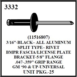 W-E 3332 All Aluminium 3/16" Black Split Type Rivet, BMPR Fascia/License Plate Brackets GM 90 & Up, Universal, 25/Box