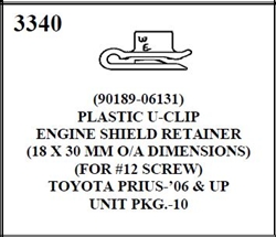 W-E 3340 Plastic U-Clip, Engine Shield Retainer, Toyota Prius