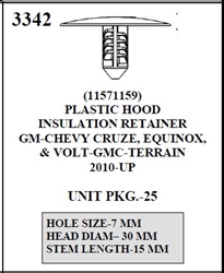 W-E 3342 Plastic Hood Insulation Retainer, Chevy Cruise, Equinox, Volt, & GMC Terrain