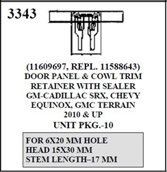 W-E 3343 Door Panel & Cowl Trim Retainer With Sealer, Cadillac SRX, Chevy Equinox, GMC Terrain