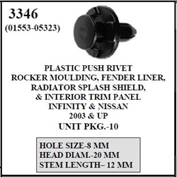 W-E 3346 Plastic Push Rivet Rocker Moulding, Fender Liner, Radiator Splash Guards, Int. Trim Panel, Infinity & Nissan