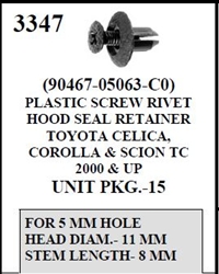 W-E 3347 Plastic Screw Rivet Hood Seal Retainer, Toyota-Celica, Corolla & Scion TC