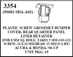 W-E 3354 Plastic Screw Grommet, Bumper Cover, Rear Quarter Panel, Liner Retainer,  Honda & Acura