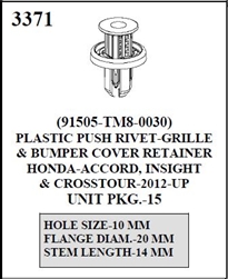 W-E 3371 Plastic Push Rivet, Grille & Bumper Cover Retainer, Honda-Accord, Insight, & Crosstour