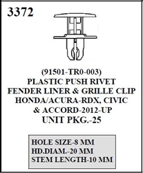W-E 3372 Plastic Push Rivet, Fender Liner & Grille Clip, Honda-Civic & Accord, Acura-RDX
