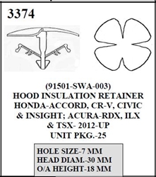 W-E 3374 Hood Insulation Retainer, Honda-Accord, CR-V, Civic, & Insight, Acura-RDX, ILX, & TSX